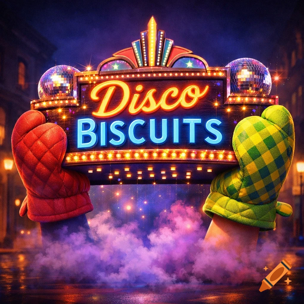 A vibrant marquee sign for "Disco Biscuits" held by a red and a green oven mitt, rising from purple smoke on a city street at night, flanked by disco balls.