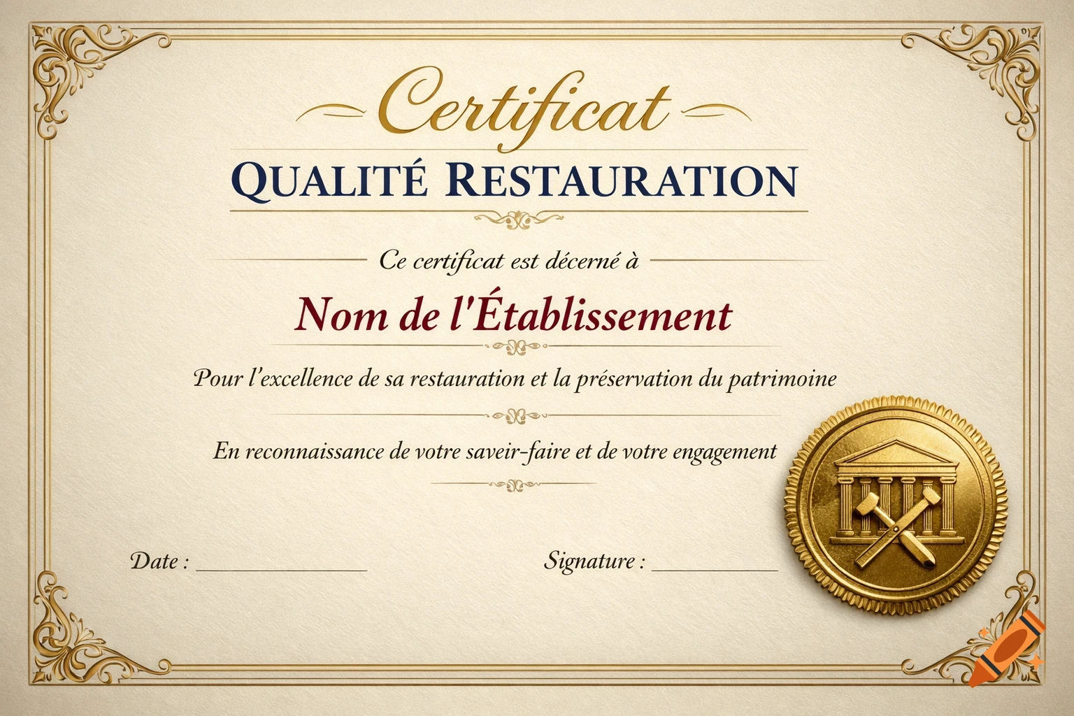 A formal quality restoration certificate with a golden border, decorative corners, and a gold seal depicting a building and tools.