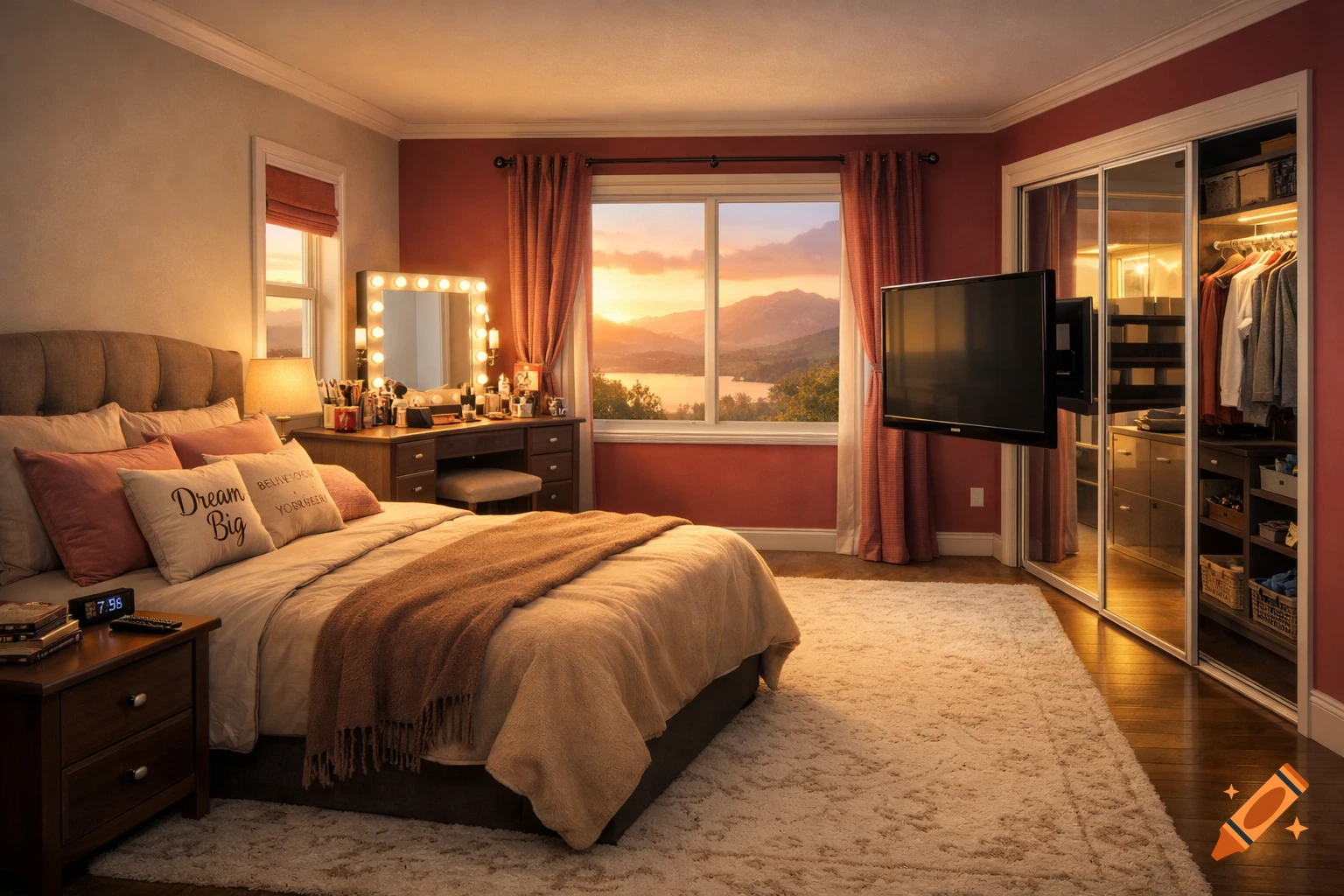 A cozy, well-lit bedroom with a large bed, vanity, and a window overlooking a scenic mountain lake at sunset. Photorealistic style.