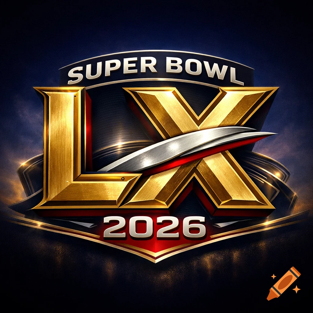 A metallic and gold Super Bowl LX 2026 logo on a dark, slightly textured background.