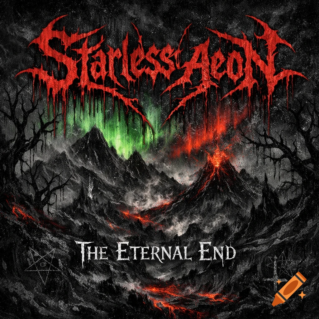Black metal album cover featuring 'Starless Aeon' and 'The Eternal End' over a dark volcanic landscape with bare trees and an aurora.