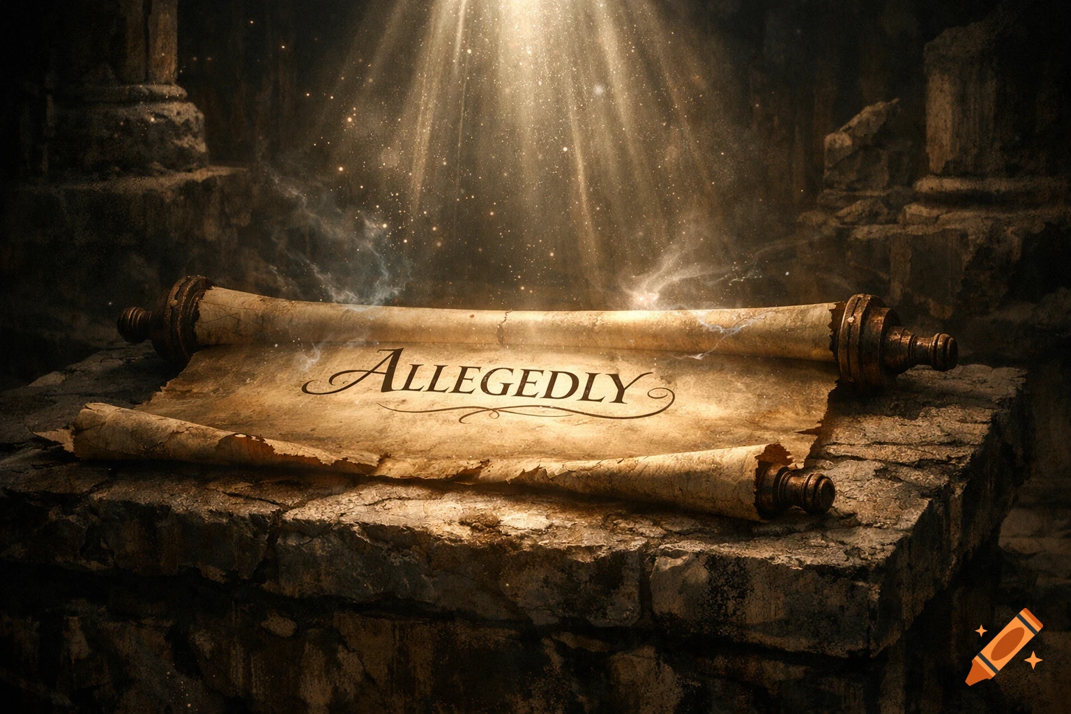 A glowing, ancient scroll with 'ALLEGEDLY' in elegant calligraphy, unfurled on a stone altar under a beam of light.