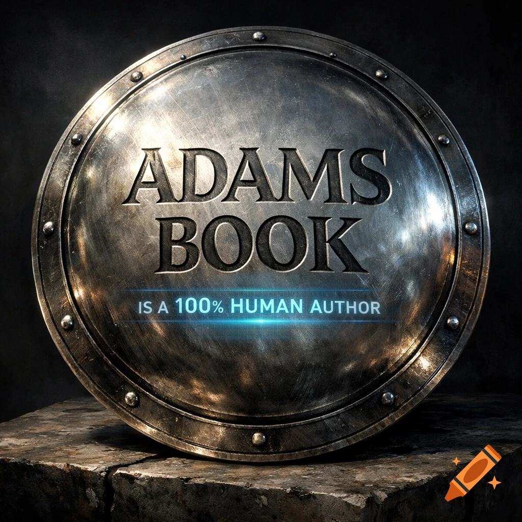 A detailed, weathered metal shield with the words 'ADAMS BOOK IS A 100% HUMAN AUTHOR' embossed on it, resting on stone blocks.