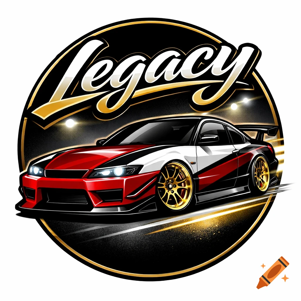 Stylized vector art logo of a red, white, and black drift car with gold accents, in a black circle, text 'Legacy' above.