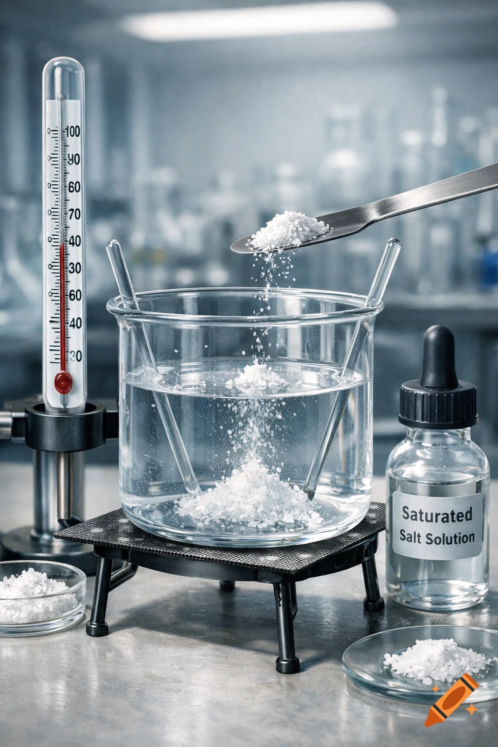 A photorealistic chemistry experiment with salt being poured into a water beaker, a thermometer, and a 'Saturated Salt Solution' bottle.