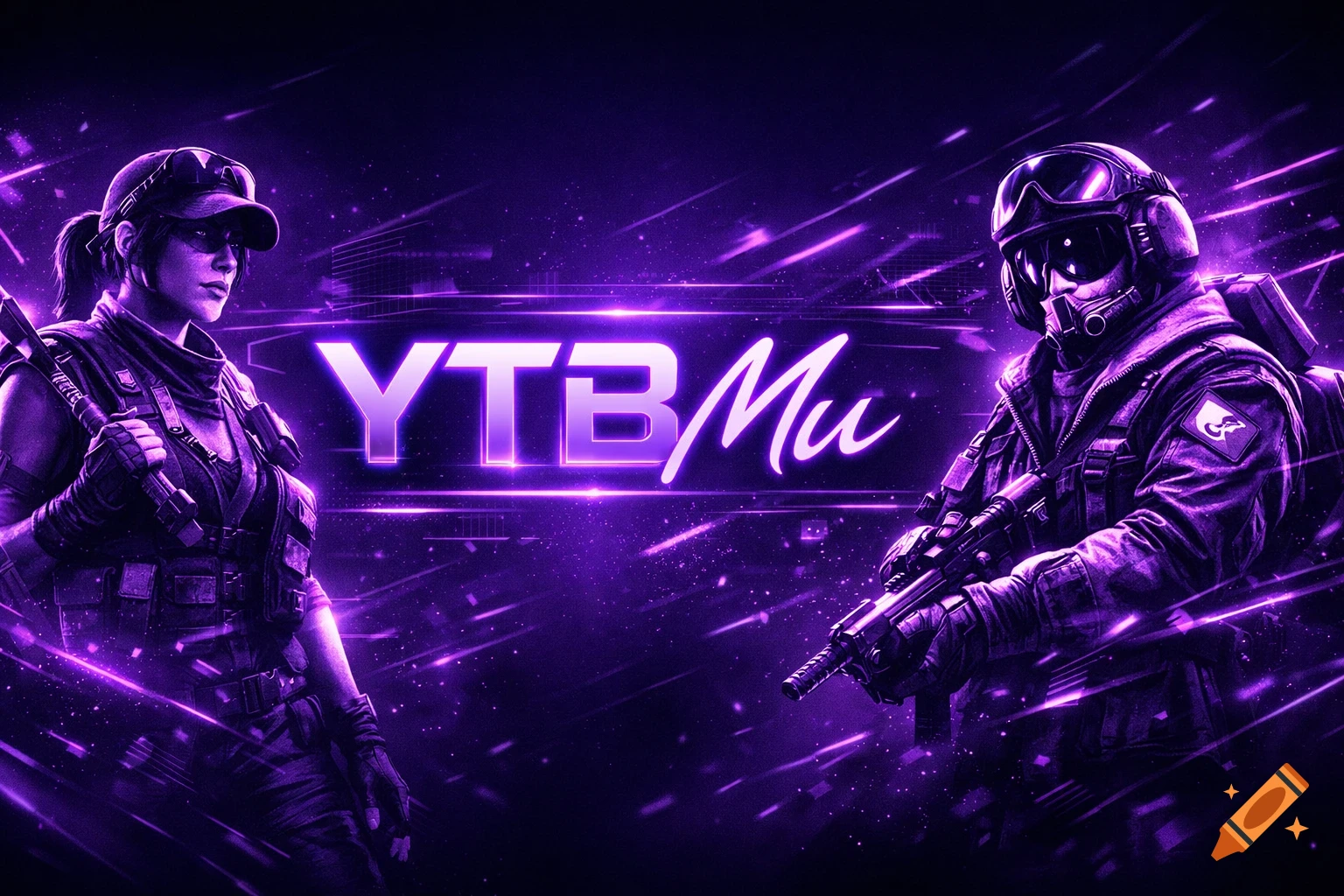 Two military operators in tactical gear with neon purple highlights, flanking glowing 'YTB Mu' text on a dark, futuristic background.