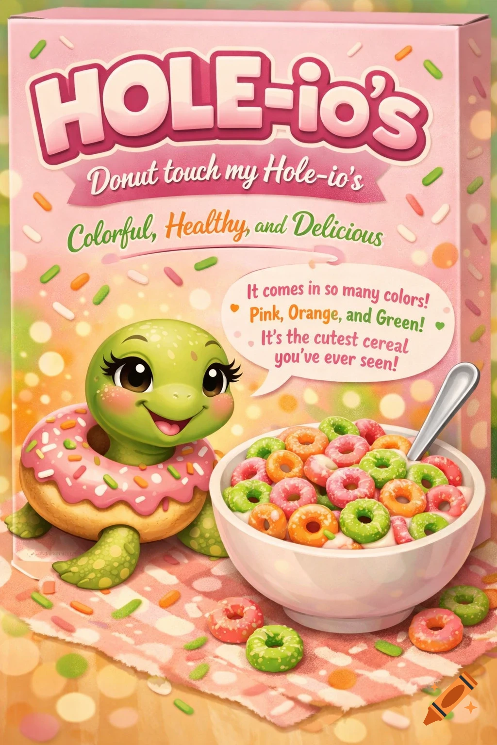 A cute cartoon turtle with a donut shell next to a bowl of colorful donut-shaped cereal and a spoon on a pink cereal box. Text on the box reads "HOLE-io's Donut touch my Hole-io's Colorful, Healthy, and Delicious" and a speech bubble from the turtle says "It comes it so many colors! Pink, Orange, and Green! It's the cutest cereal you've ever seen!"