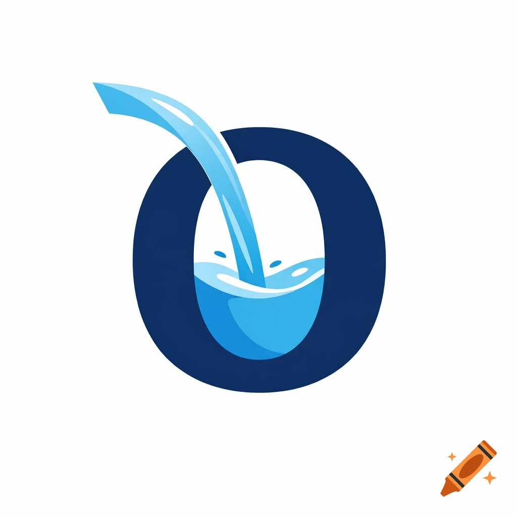 A stylized dark blue letter O with a stream of light blue water pouring into its center, forming a liquid pool with splashes.