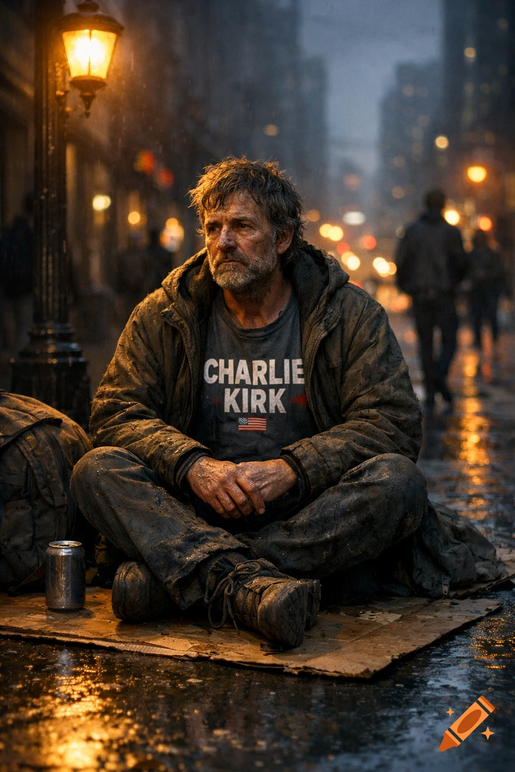 Photorealistic image of a bearded man in a 'CHARLIE KIRK' shirt sitting on cardboard in the rain on a wet city street at night.
