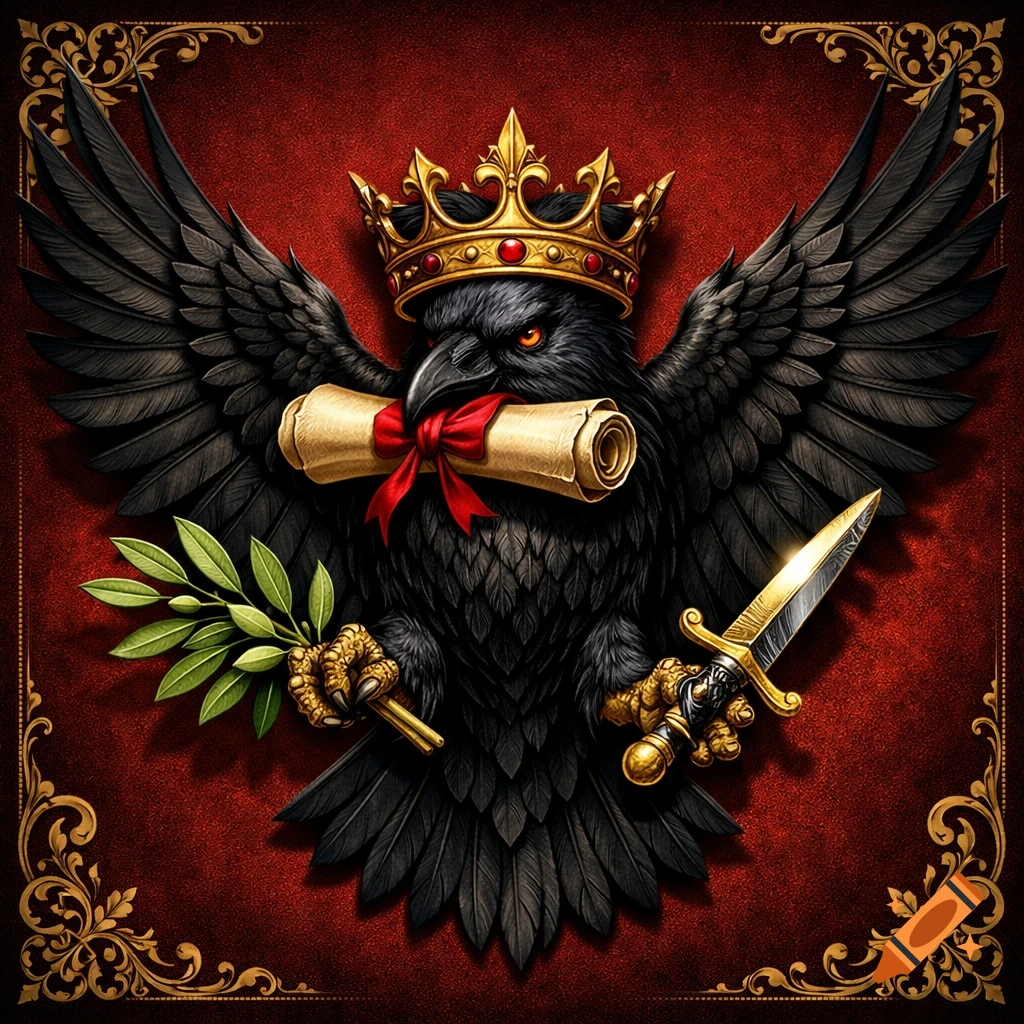 A majestic black crow wearing a gold crown, holding a scroll, olive branch, and dagger, on a red and gold heraldic background.
