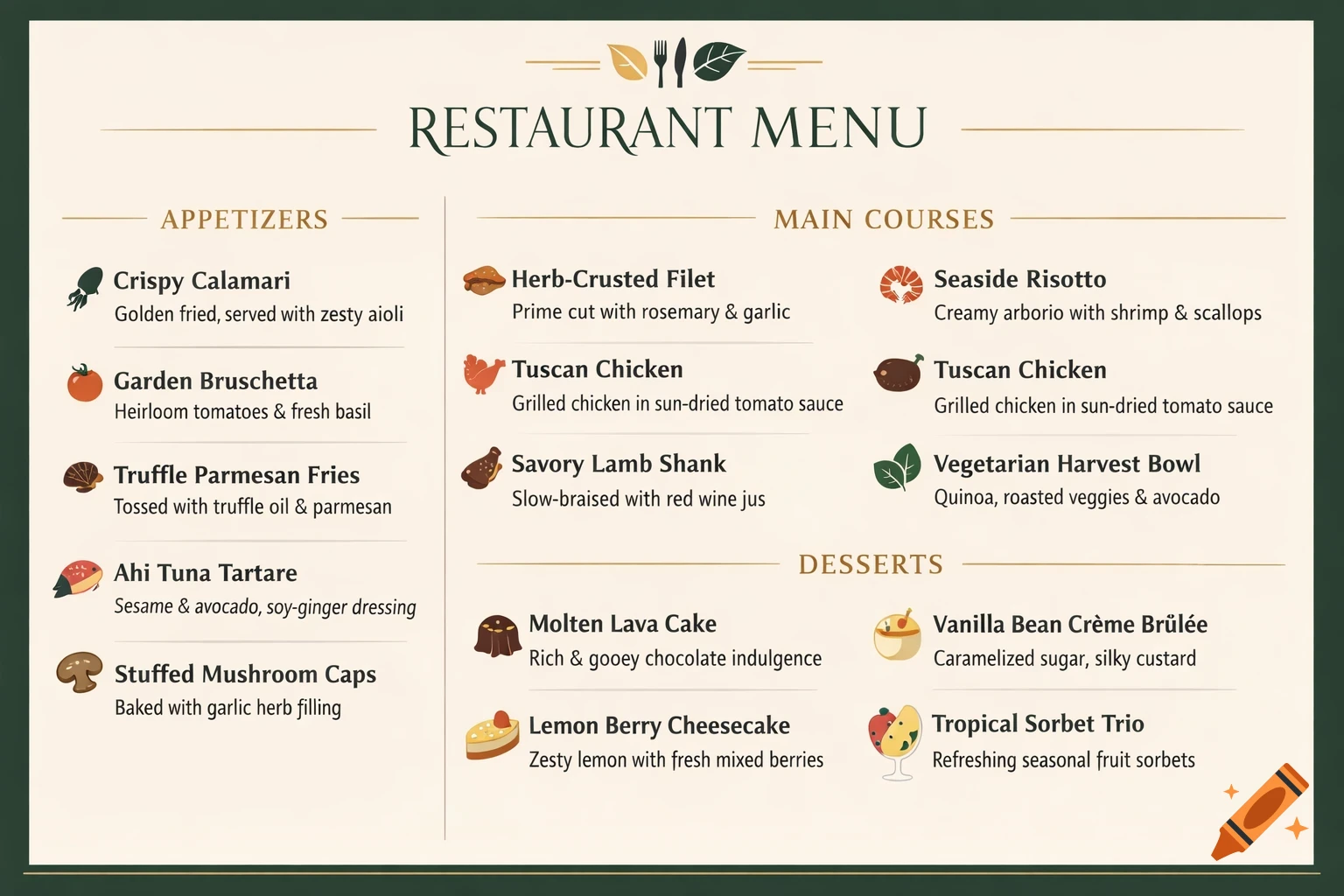 A elegantly designed restaurant menu featuring appetizers, main courses, and desserts with dish names and descriptions, against a dark green background.
