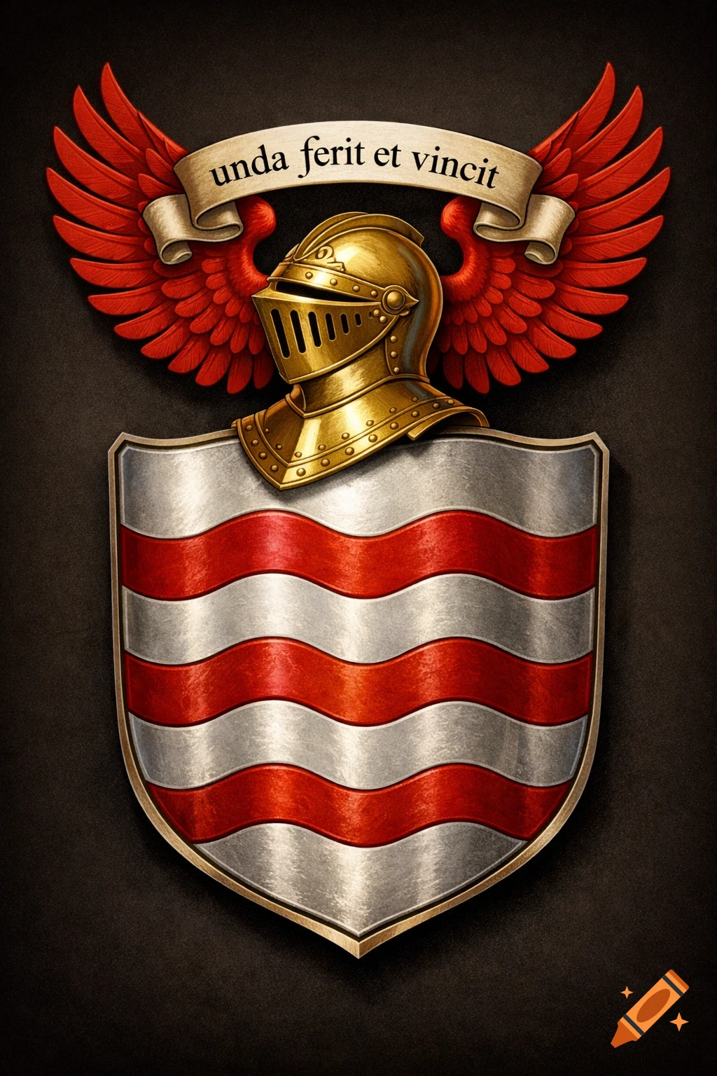 A gold knight's helmet with red feathered wings, set above a silver and red wavy striped shield, with a banner reading 'unda ferit et vincit'.