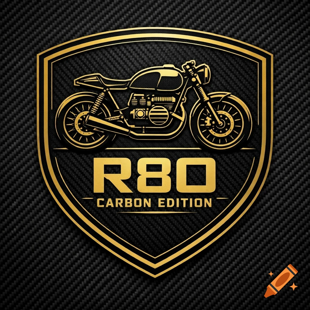 Gold and black shield emblem with a cafe-racer motorcycle silhouette and 'R80 Carbon Edition' text on a carbon fiber background.