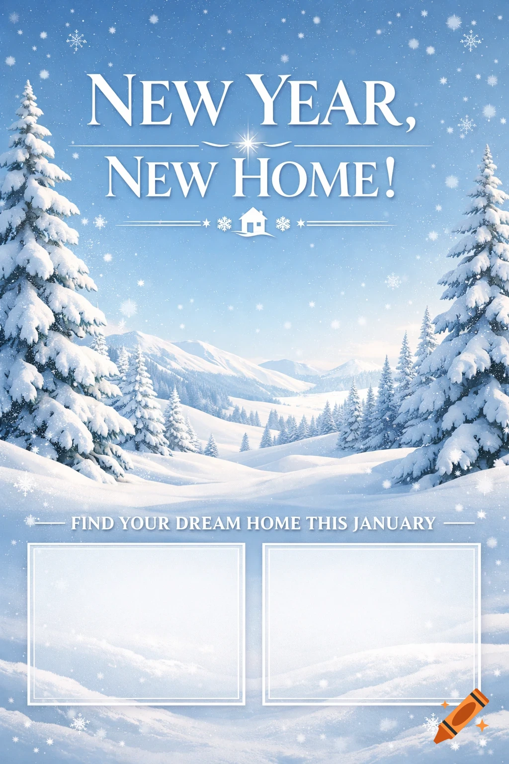 A snowy winter landscape with pine trees and mountains, featuring the text "NEW YEAR, NEW HOME!" and "FIND YOUR DREAM HOME THIS JANUARY" for a real estate promotion.
