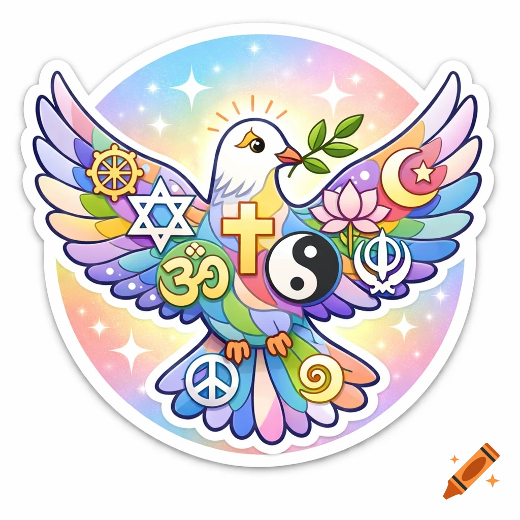 A colorful sticker featuring a dove with various religious and peace symbols on its wings, holding an olive branch, against a sparkling background.