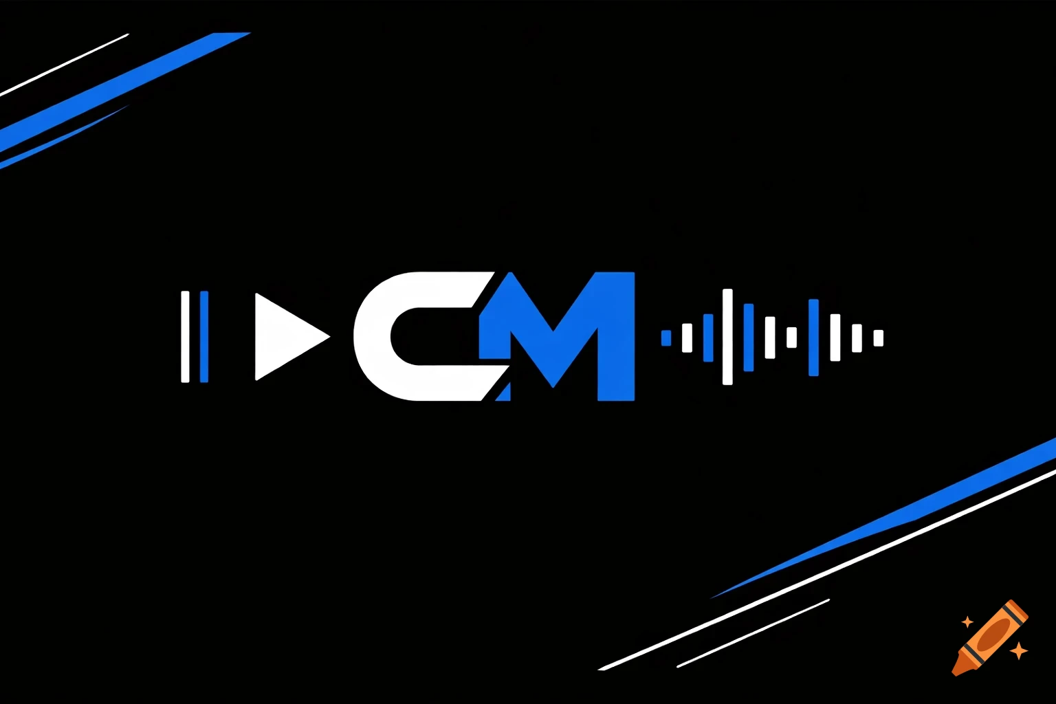 A minimalist logo with bold white 'C' and blue 'M' letters, play/pause icons, and soundwaves on a black background.