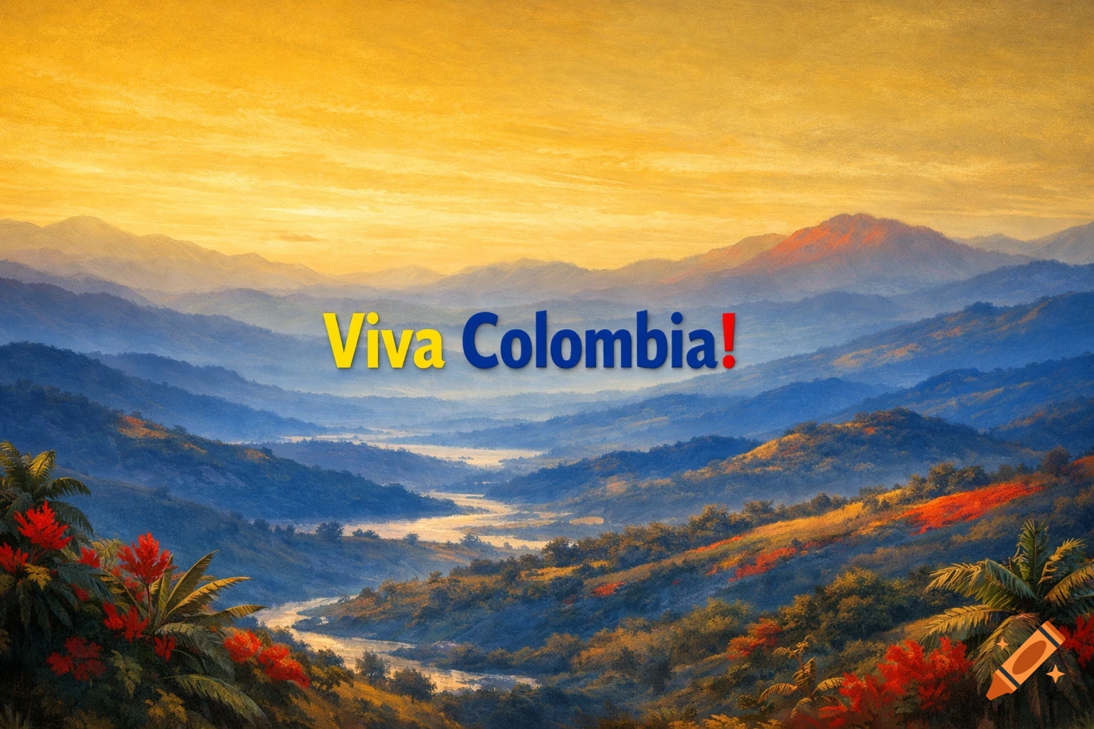 Vibrant painting of a Colombian mountain landscape with a winding river and tropical plants, featuring 'Viva Colombia!' in flag colors.