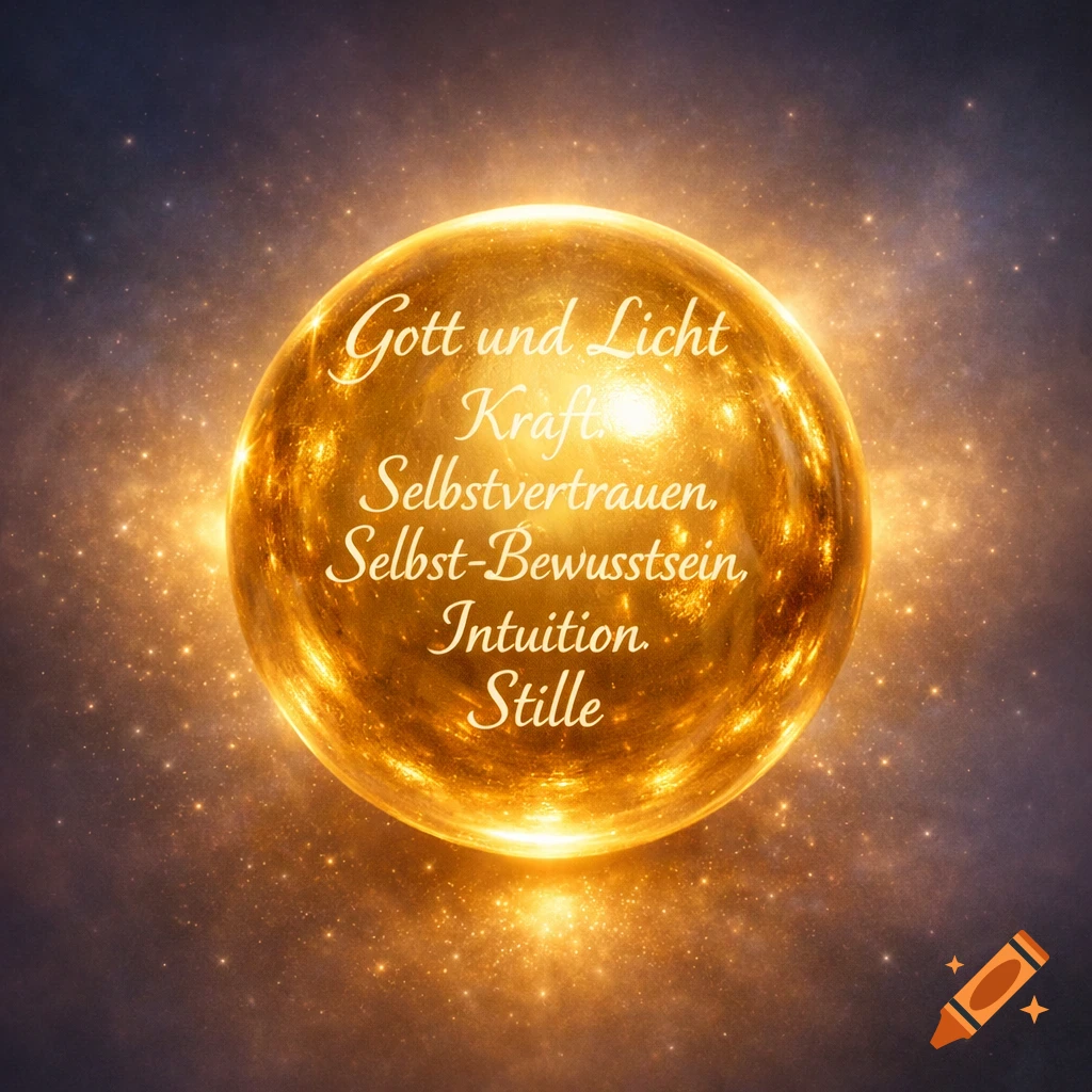 A glowing golden orb with German text "Gott und Licht, Kraft, Selbstvertrauen, Selbst-Bewusstsein, Intuition, Stille" against a starry background.