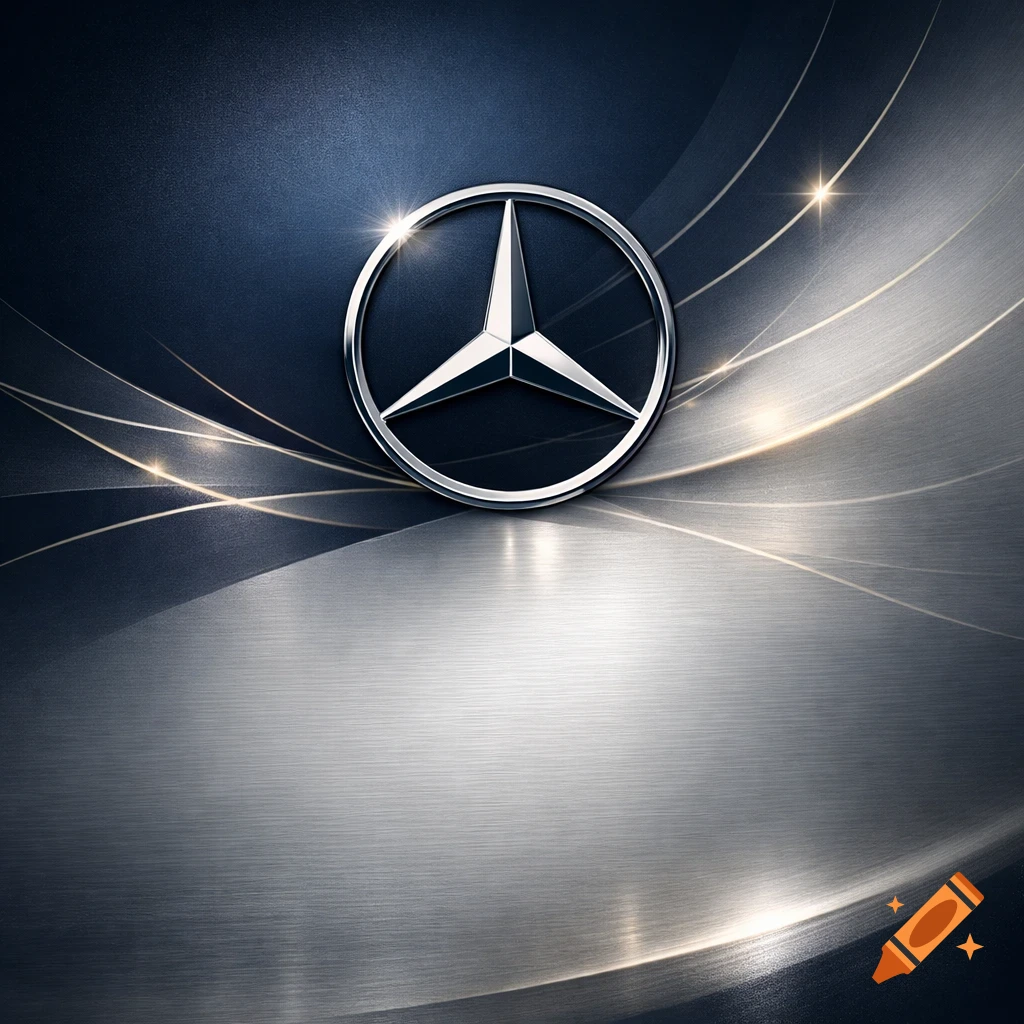 Sleek, silver Mercedes-Benz logo against a dark blue and metallic silver gradient background with glowing light streaks.