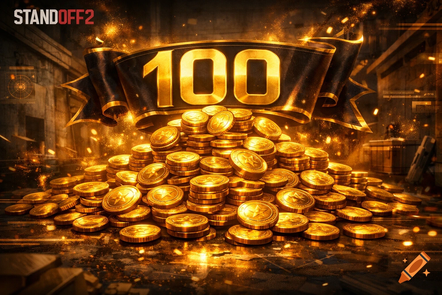 A stylized banner for 'STANDOFF2' features a large pile of glowing golden coins with a prominent '100' on a dark ribbon, against a dark, metallic background with golden sparks.