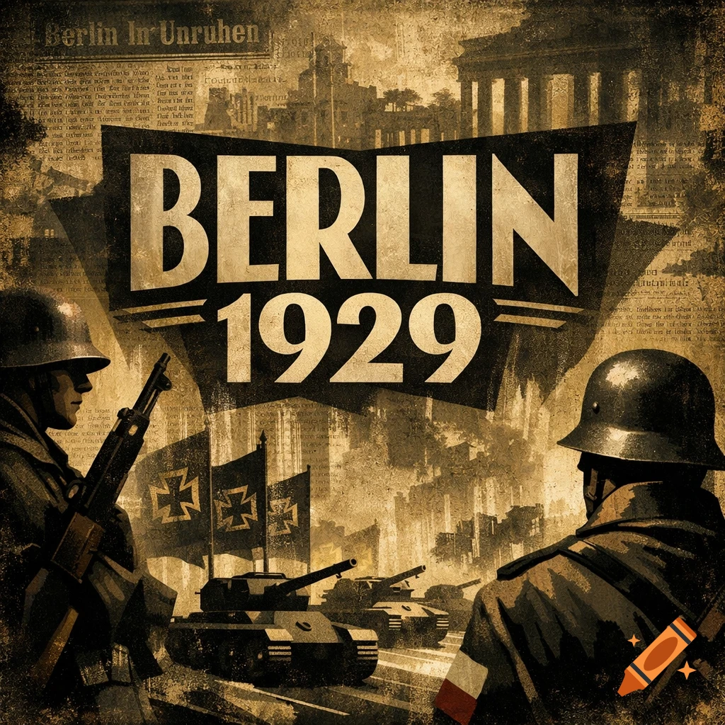 A vintage art deco illustration featuring soldiers, tanks, and a city skyline, overlaid with the prominent text "BERLIN 1929" and a newspaper collage background.