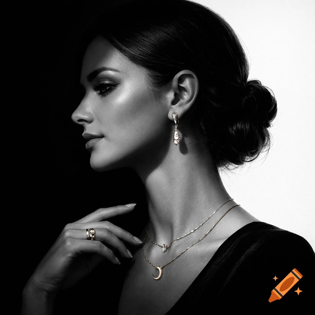Black and white profile portrait of an elegant woman wearing ornate gold earrings, two necklaces, and a ring.