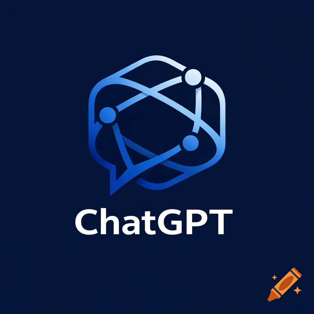 A blue and white ChatGPT logo featuring a speech bubble with a network atom graphic above the text.