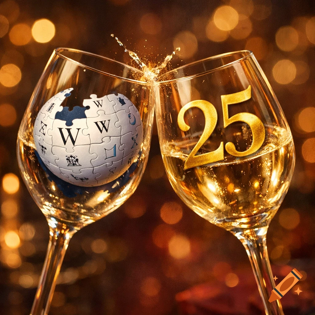 Two wine glasses clinking, one containing a Wikipedia globe, the other with a golden '25', against a festive bokeh background.