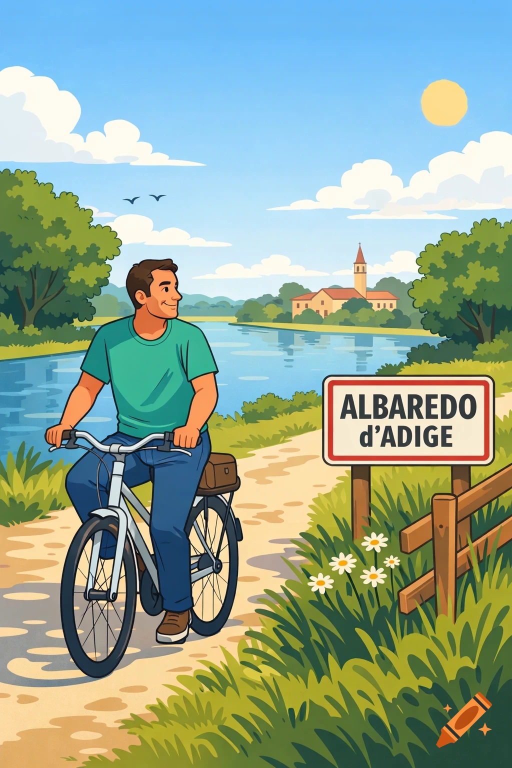 A cartoon illustration of a man cycling on a path beside a river, with a sign for 'Albaredo d'Adige' and a village in the background.