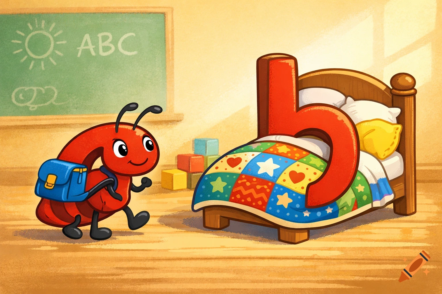A cartoon red ant shaped like lowercase 'a' with a backpack walks toward a bed where a red lowercase 'b' sleeps. 'ABC' on a chalkboard.