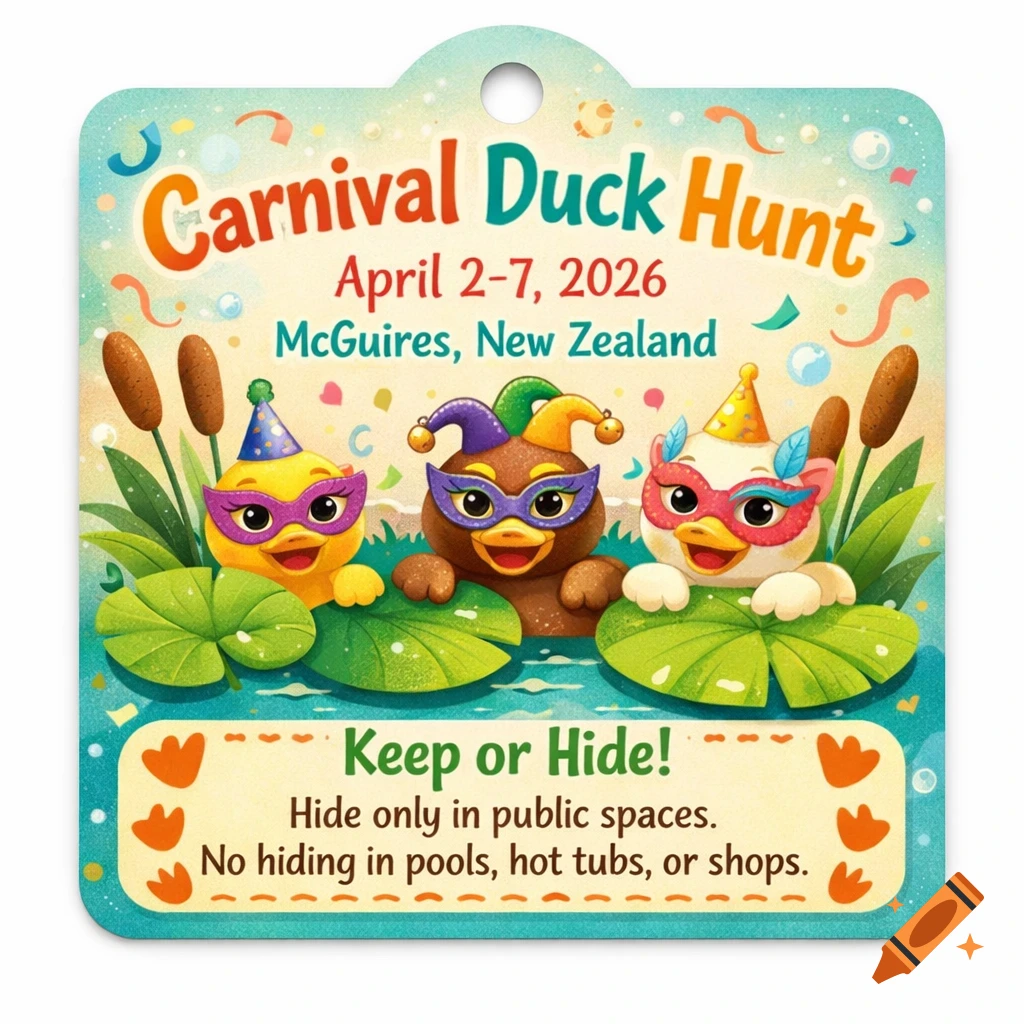A whimsical, colorful tag for a 'Carnival Duck Hunt' featuring three cartoon ducks in Mardi Gras masks and party hats among lily pads and cattails.