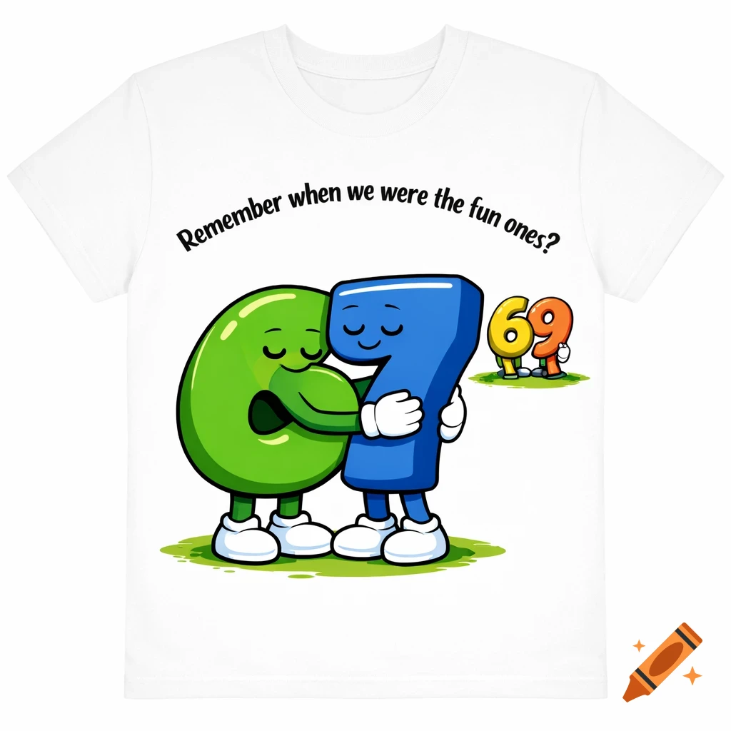 A cartoon white t-shirt features numbers 6 and 7 hugging, with the number 69 in the background, above the text 'Remember when we were the fun ones?'