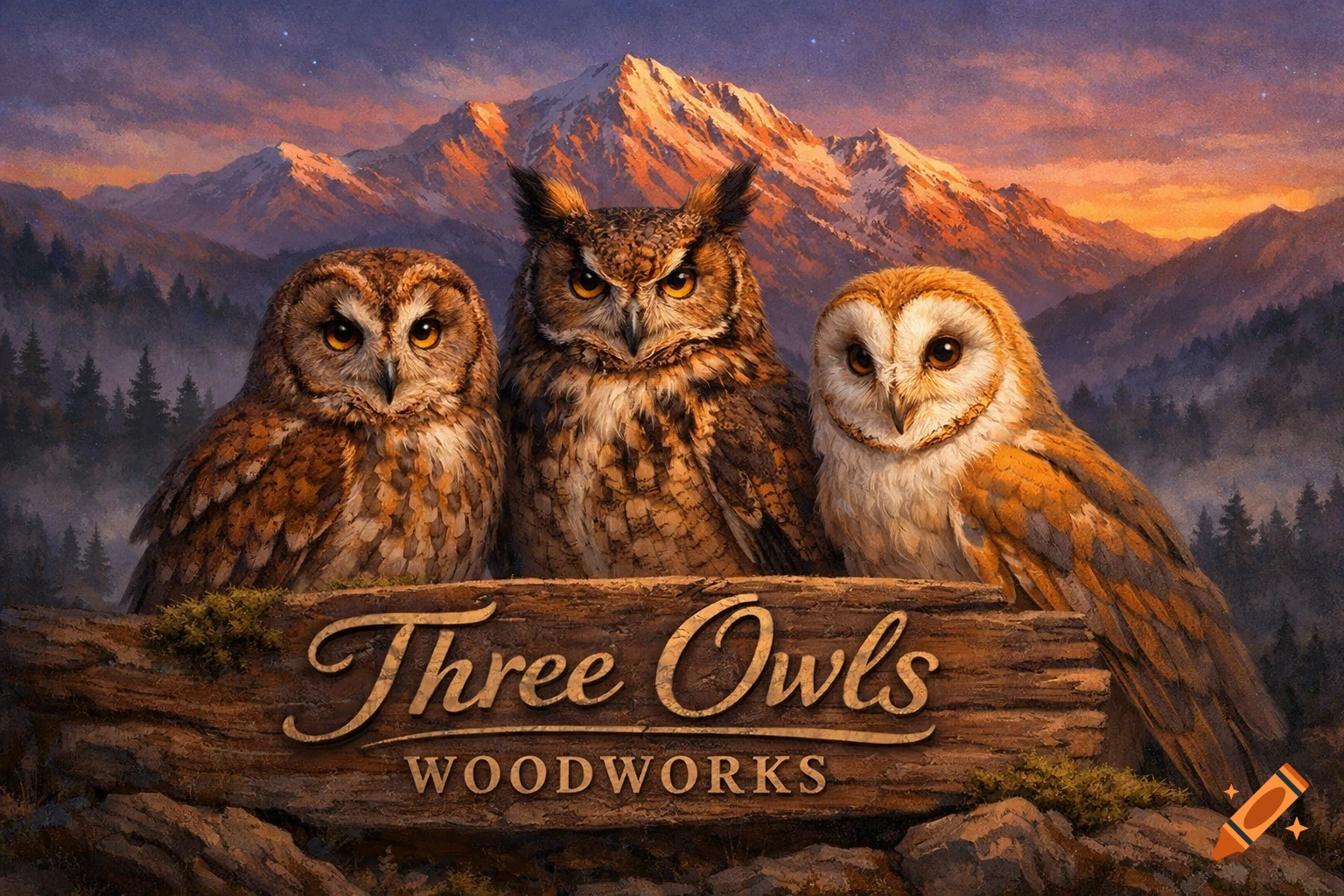 Three detailed owls sit on a wooden sign that reads "Three Owls Woodworks" against a backdrop of majestic mountains and a colorful sunset sky in a painterly style.