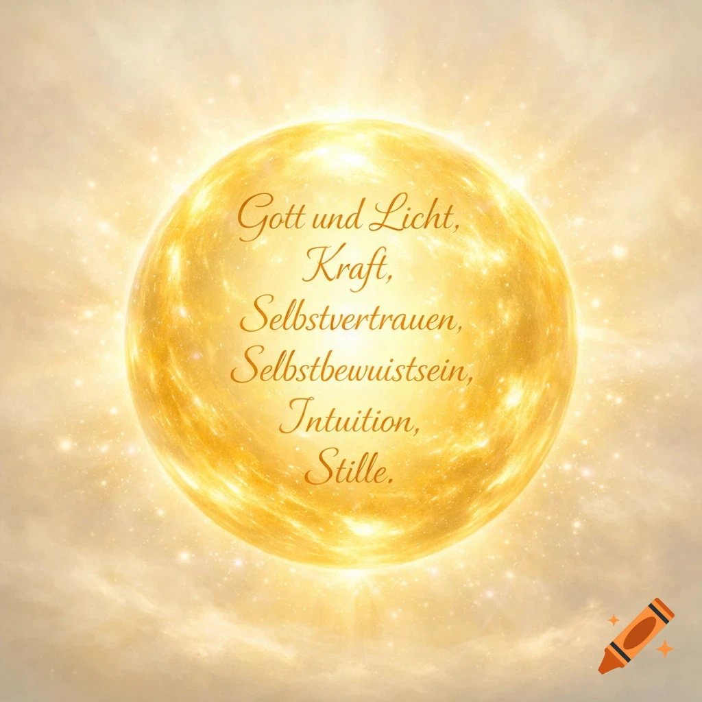 A glowing golden sphere with bright light, surrounded by sparkling particles, features German text about God, Light, Strength, Self-confidence, Self-awareness, Intuition, and Silence.