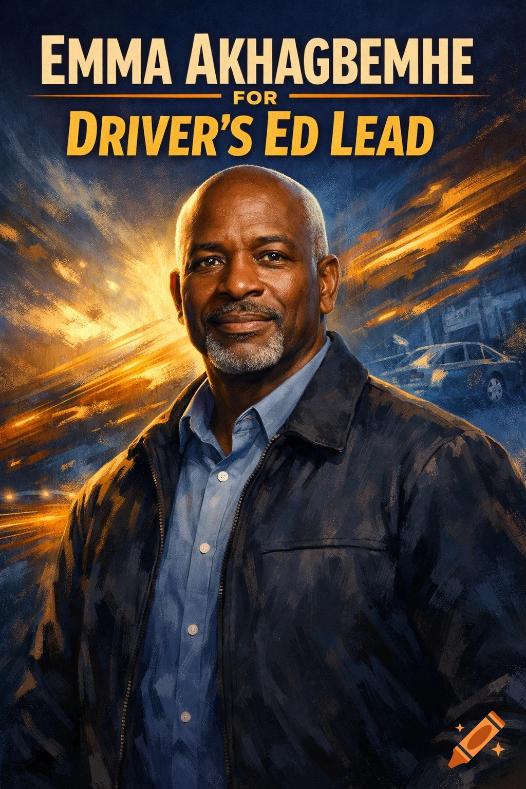 A stylized campaign poster features a smiling Black man in a blue shirt and jacket against a dynamic golden and blue background, with text reading 'EMMA AKHAGBEMHE FOR DRIVER'S ED LEAD'.