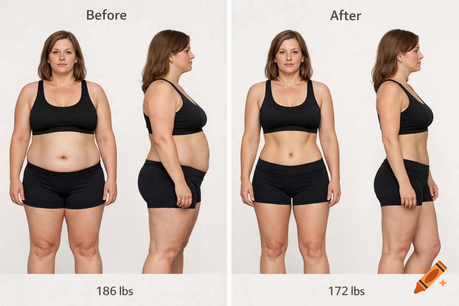 Before and after photo of a woman in a sports bra and shorts, showing weight loss from 186 lbs to 172 lbs.