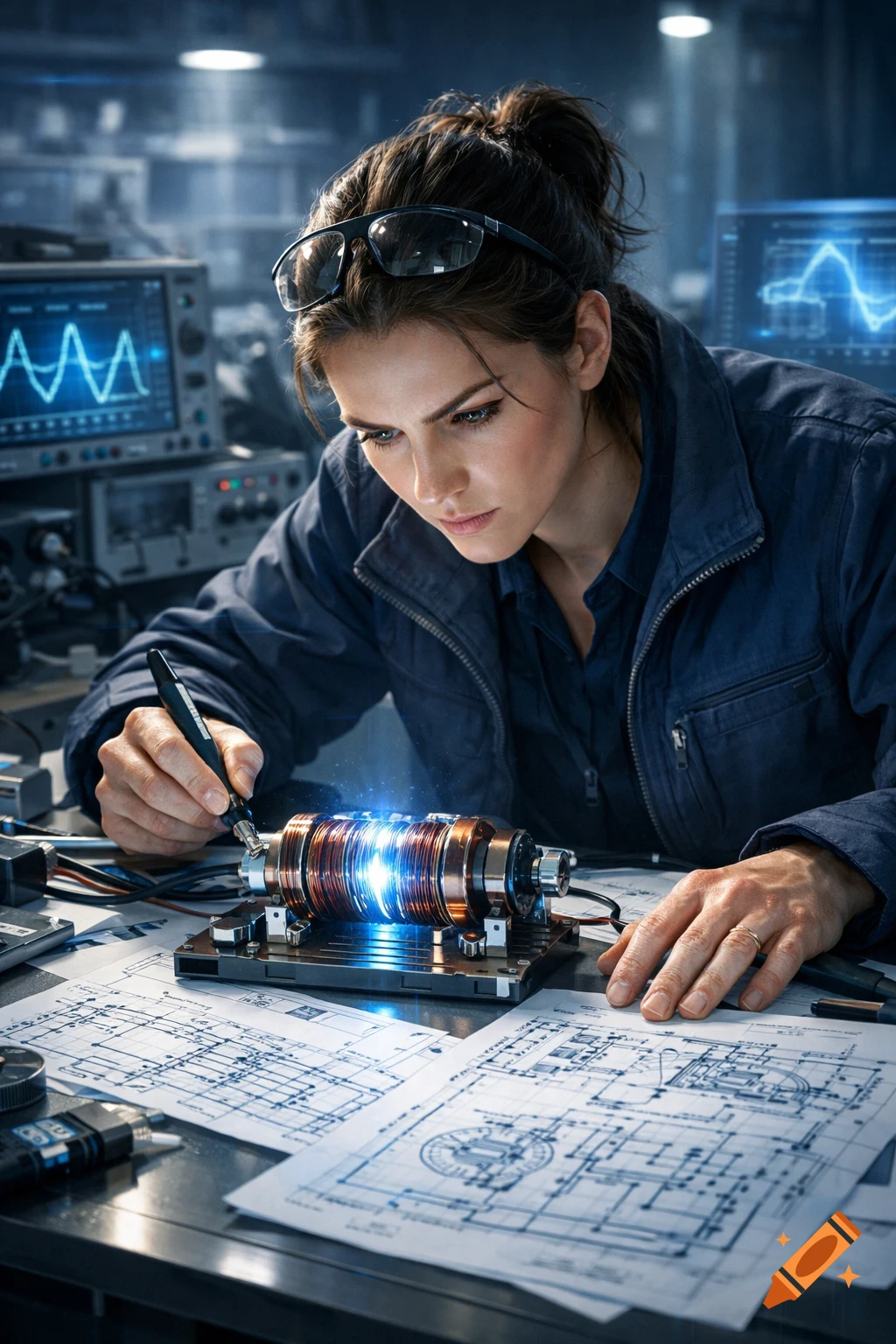 A female engineer intently works on a glowing electromagnetic device on a desk covered with blueprints in a high-tech laboratory.
