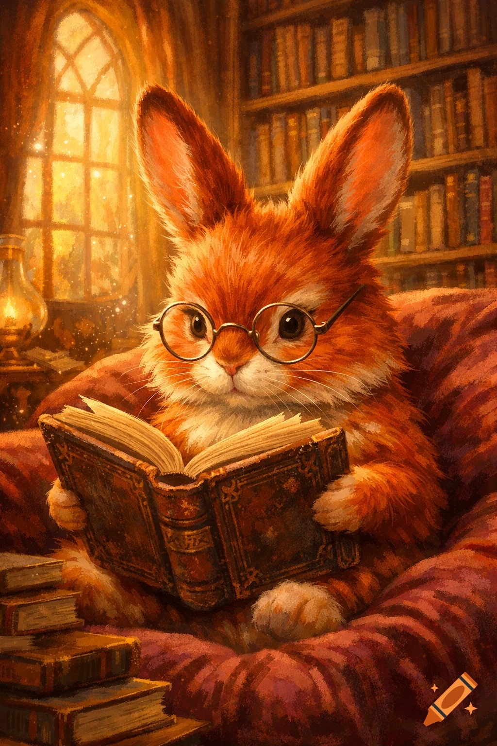 A fluffy red rabbit with glasses sits in a cozy armchair reading an old book, bathed in warm light from a window in a library.