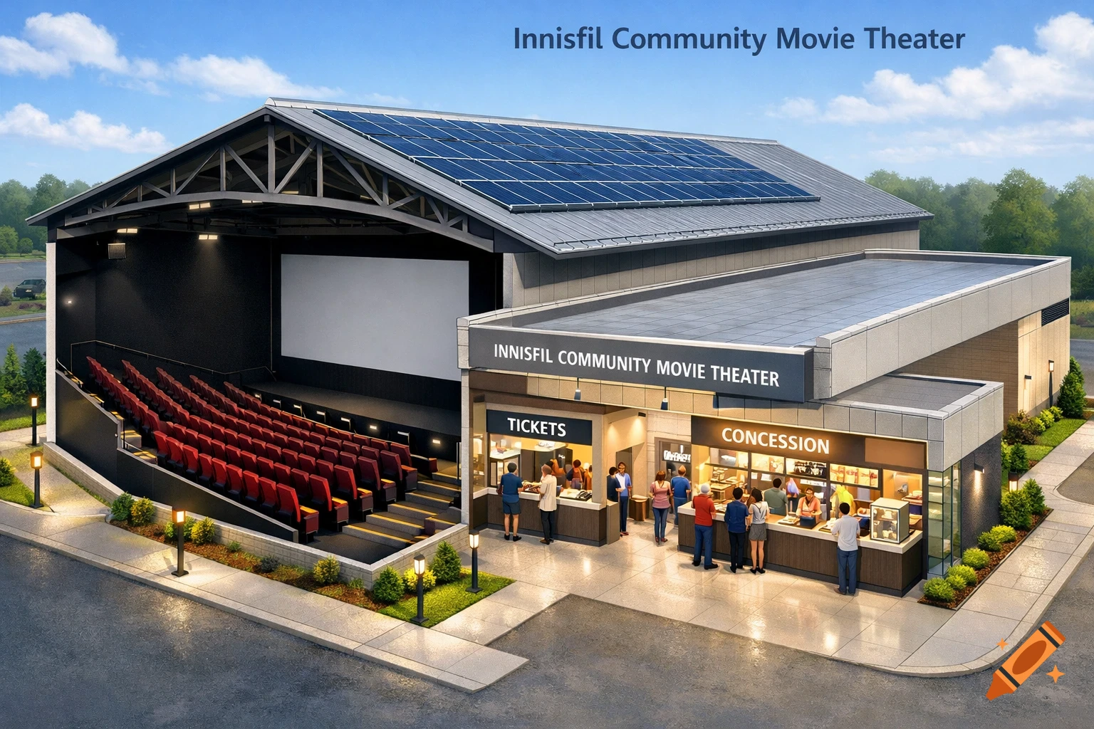 Modern community movie theater with solar panels, outdoor seating, and a lobby with ticket and concession stands under a blue sky.