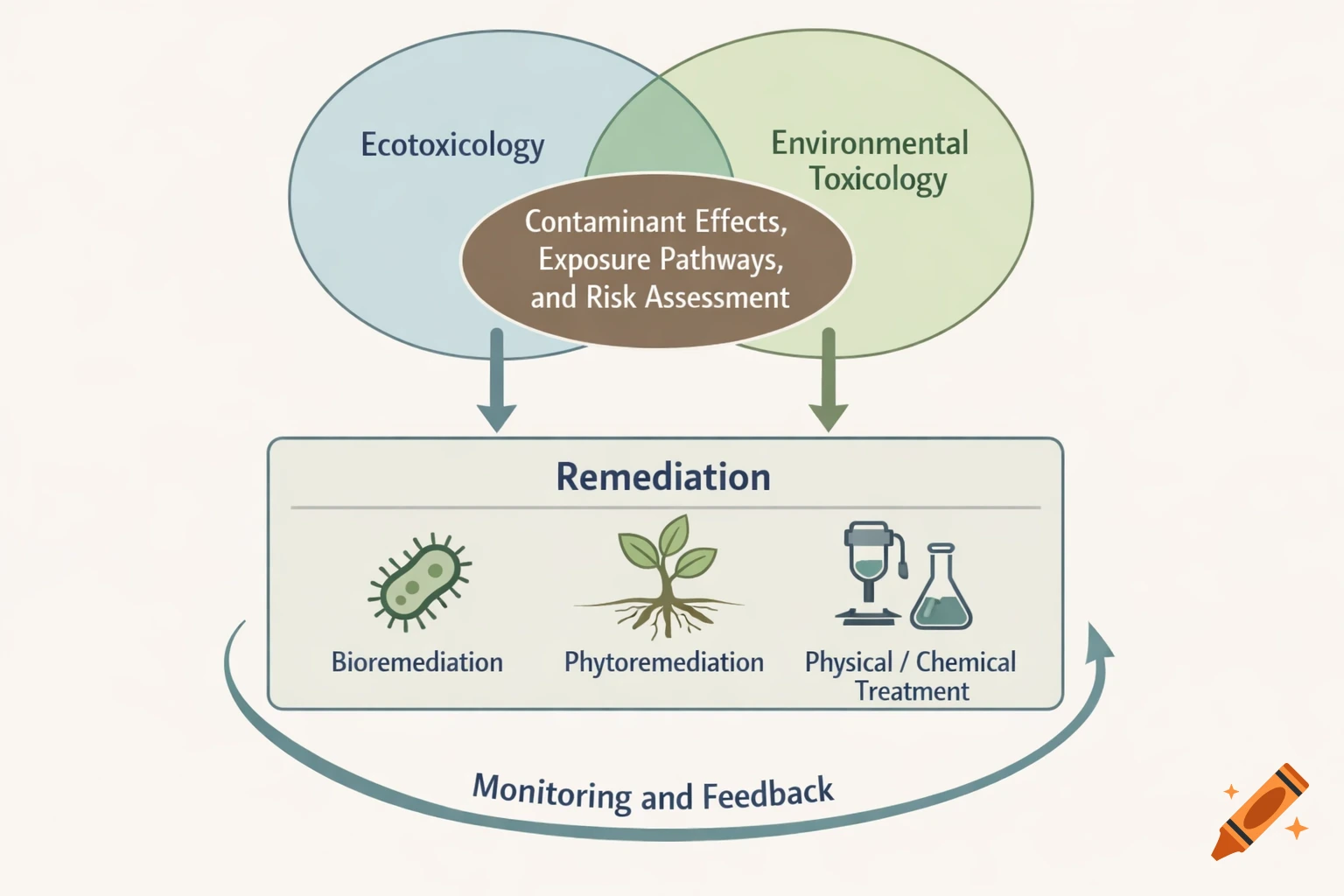 A clean academic concept map illustrating the relationship between Ecotoxicology, Environmental Toxicology, and Remediation processes.