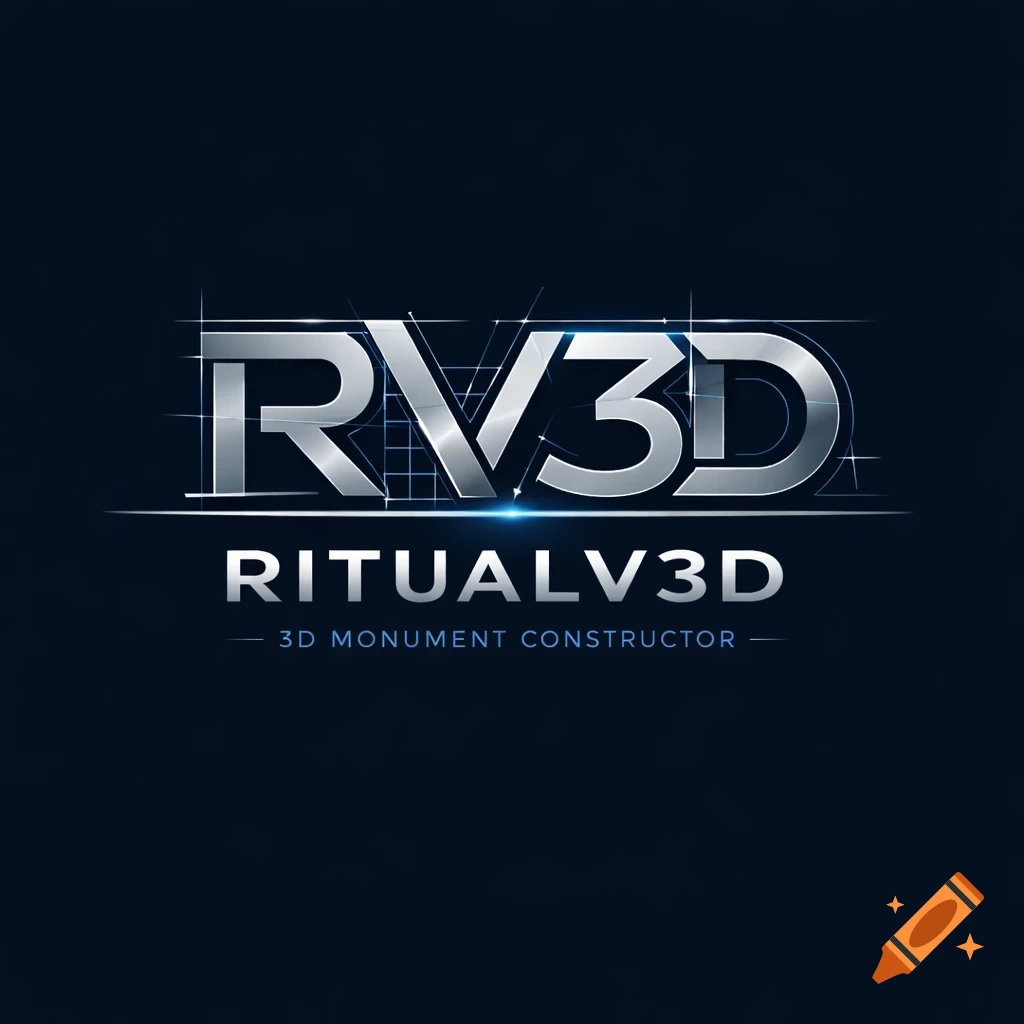A metallic and futuristic logo with the text 'RV3D' and 'RitualV3D', with '3D Monument Constructor' below, on a dark blue background.