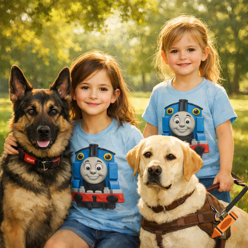 Two young girls wearing Thomas the Tank Engine shirts pose with a German Shepherd and a yellow Labrador in a park.