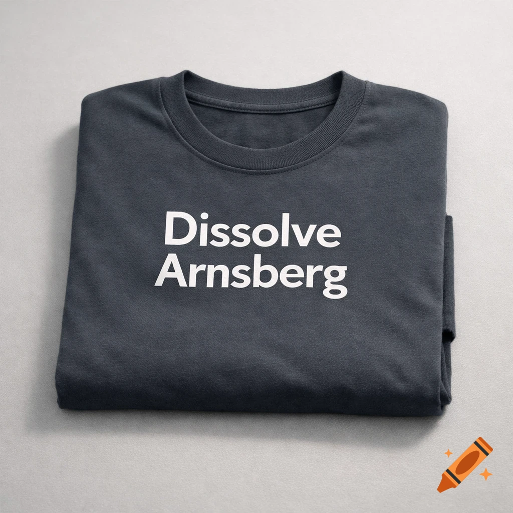 A dark grey folded t-shirt with the white text "Dissolve Arnsberg" on the front, set against a light grey background.