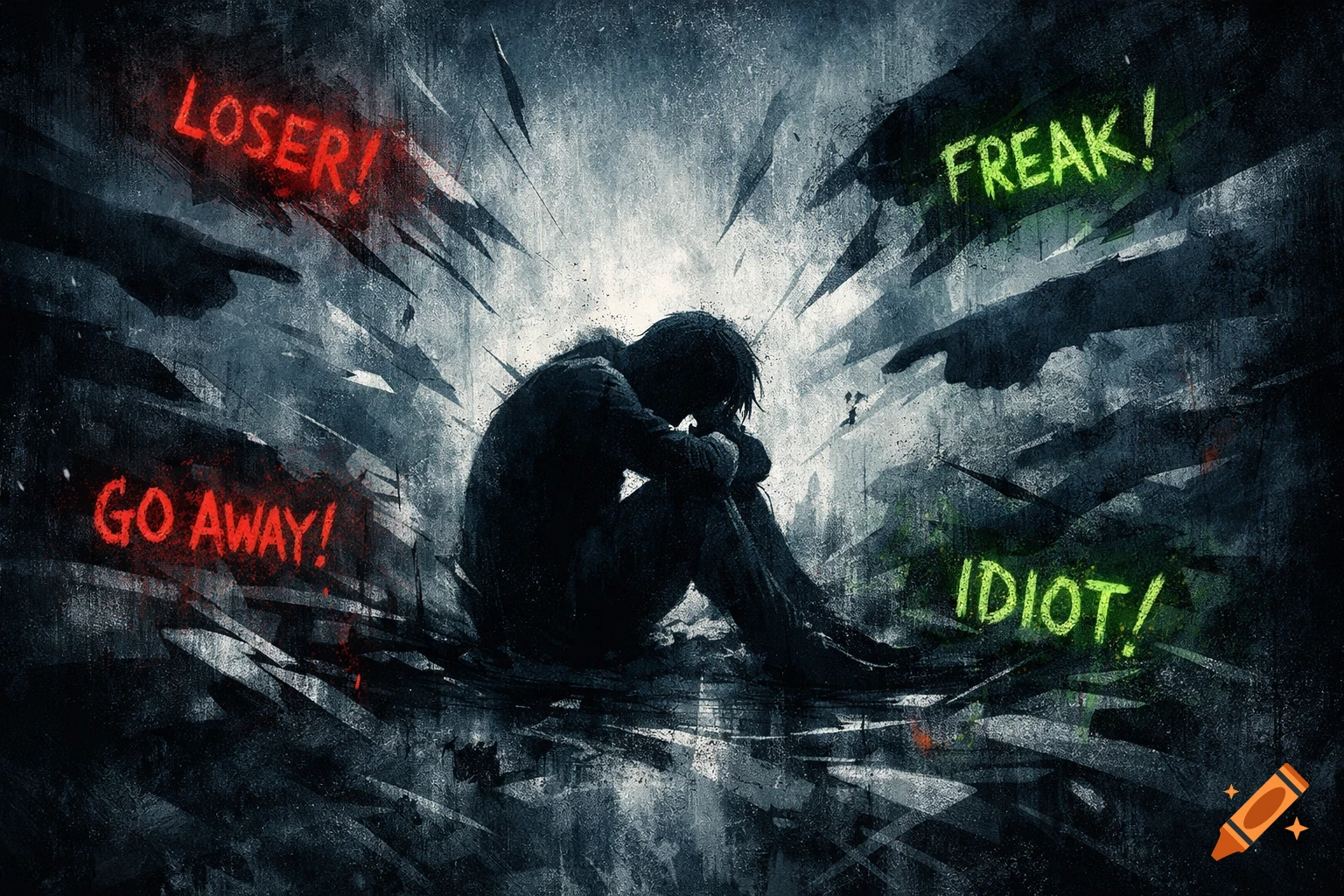 A person in shadow, curled up in distress, surrounded by harsh words like "LOSER!", "FREAK!", "GO AWAY!", "IDIOT!" and pointing fingers in a dark, gritty art style.