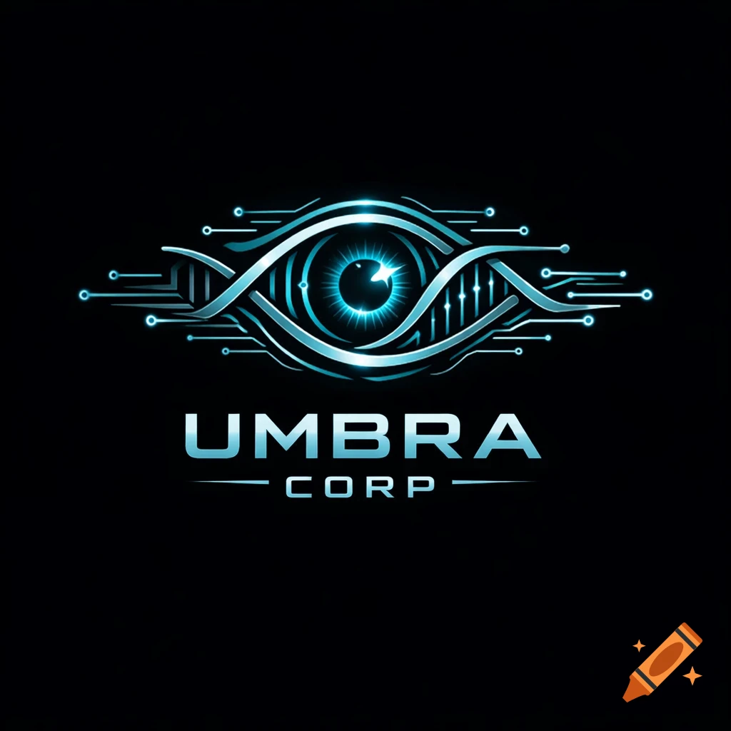 UMBRA CORP logo featuring a glowing cyan eye with DNA helix and circuit lines, set against a dark background.