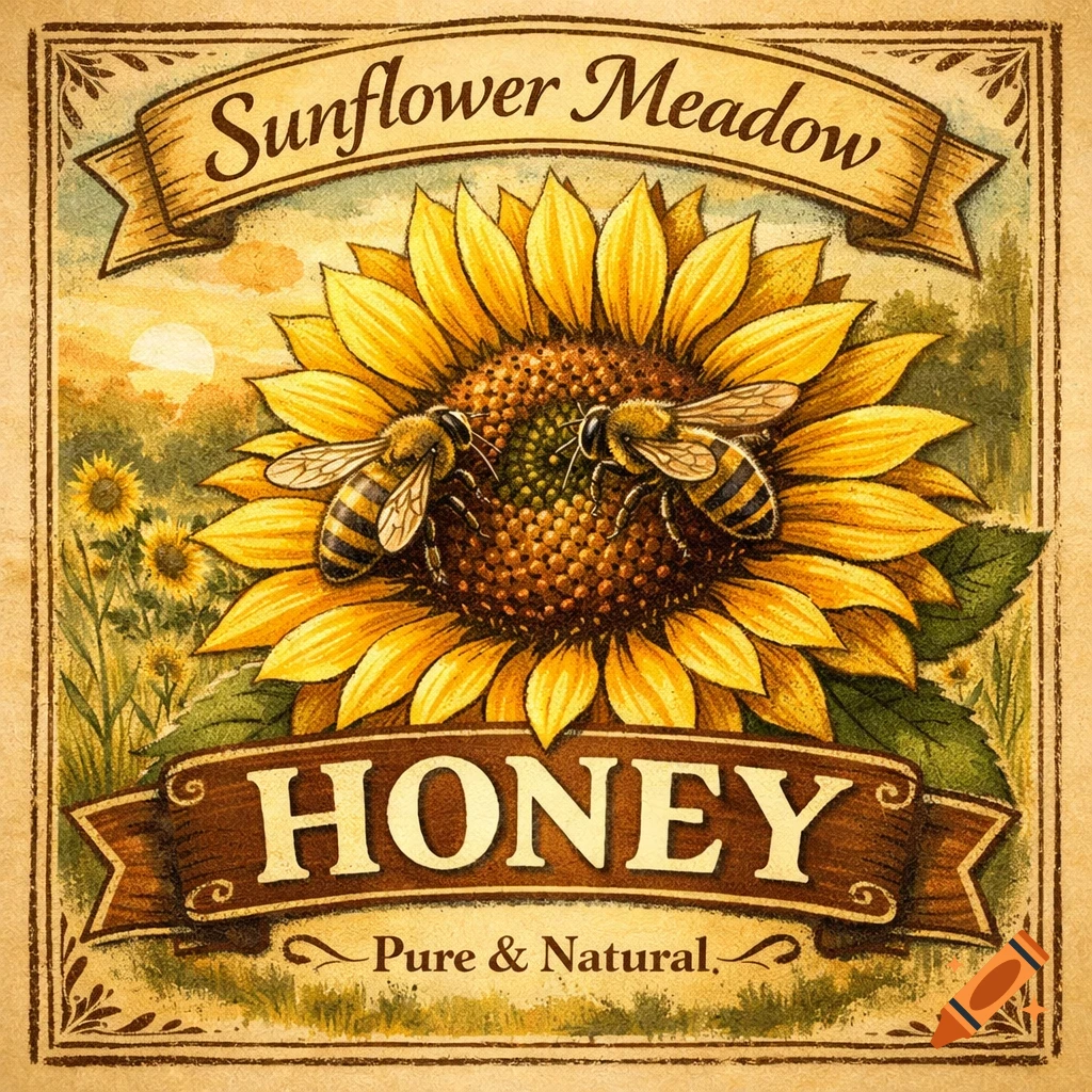Vintage-style honey label featuring a sunflower with two bees, set against a meadow background with text 'Sunflower Meadow HONEY Pure & Natural'.