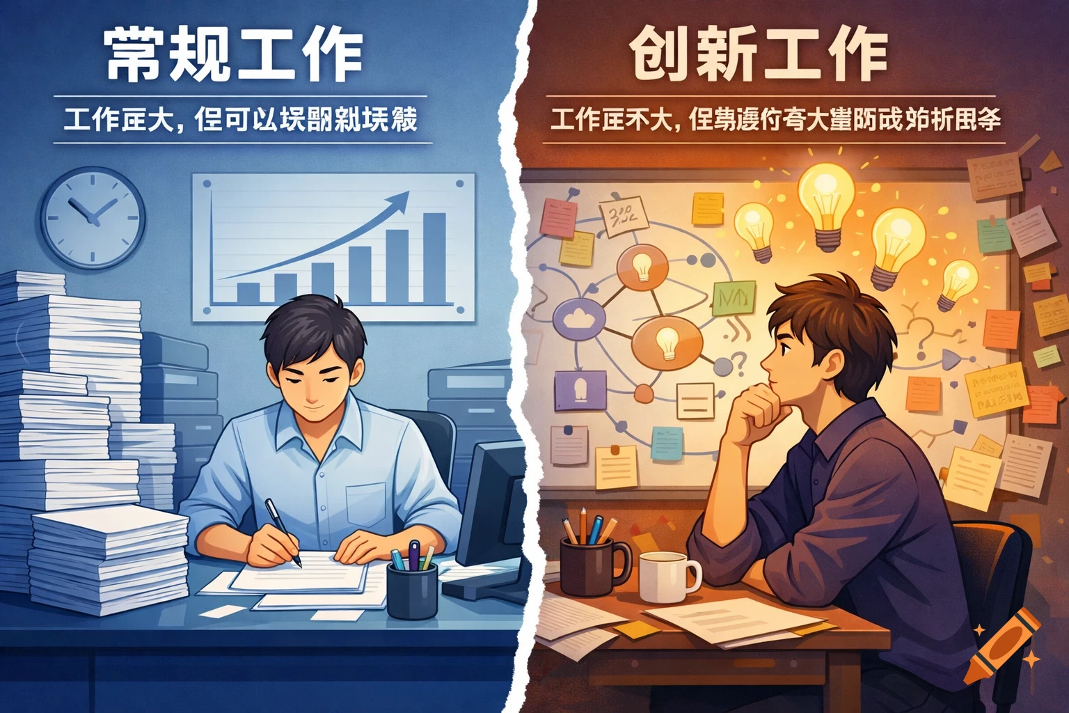 A split image contrasting 'Regular work' and 'Innovative work'. Left side shows a man with stacks of paper, writing at a desk. Right side shows a man thinking next to a whiteboard with lightbulb ideas.