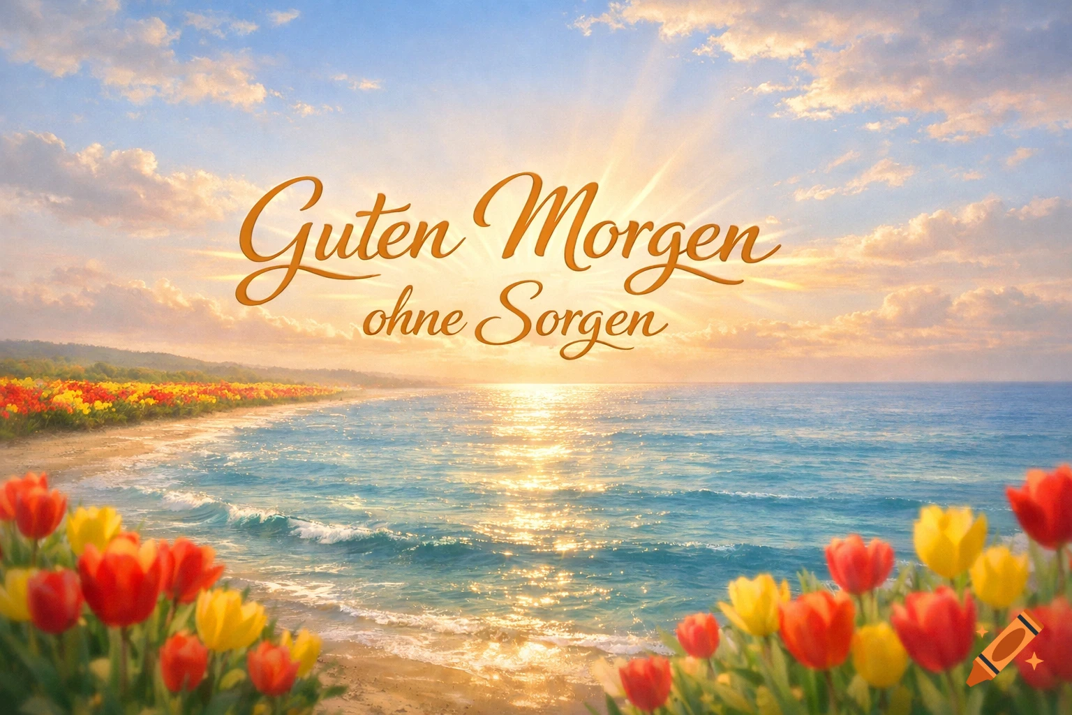 Photorealistic image of a serene sunrise over the ocean with a sandy beach, colorful tulips, and the text 'Guten Morgen ohne Sorgen'.