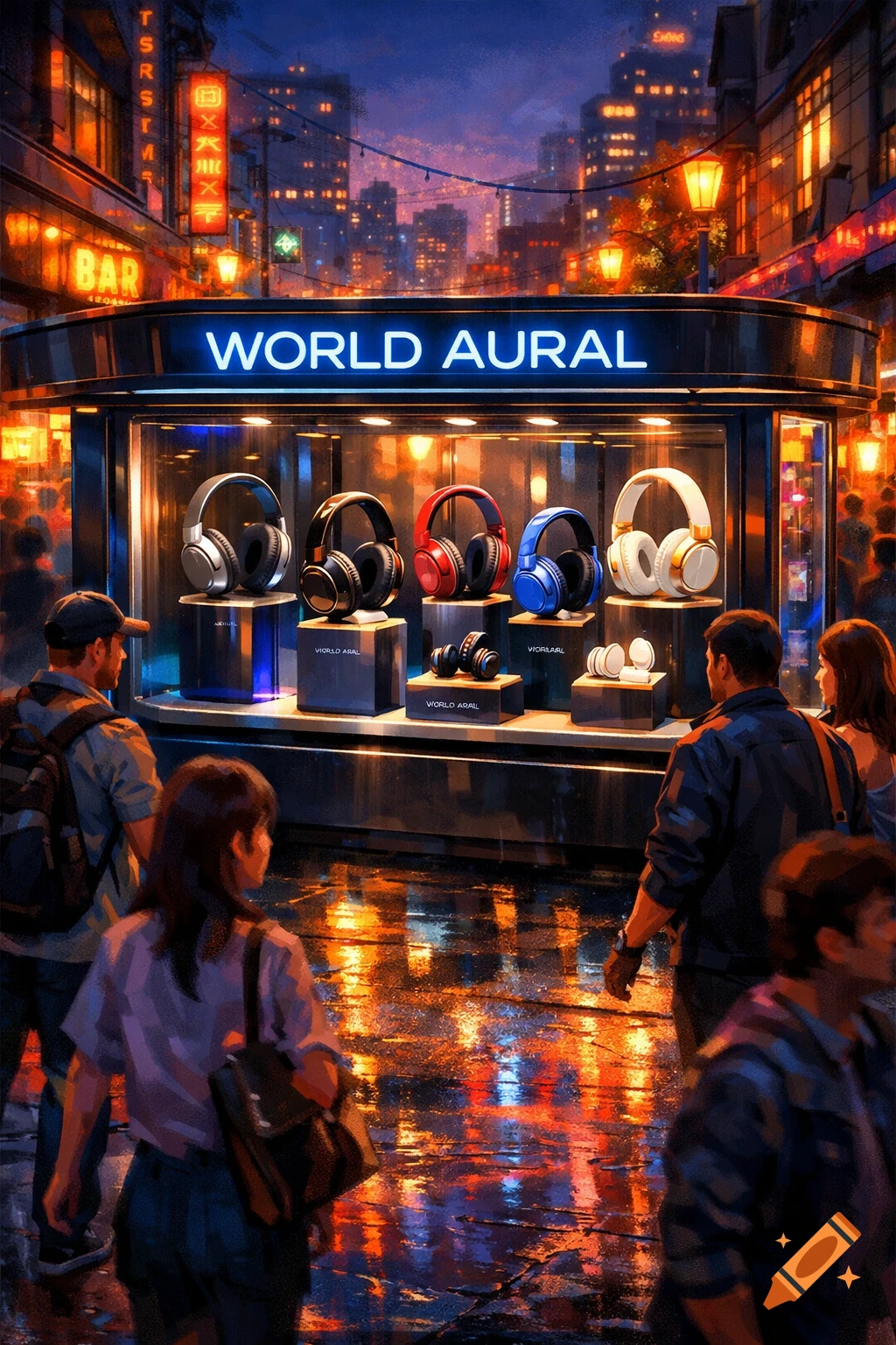 A bustling street at night with neon lights reflecting on wet pavement, featuring a "WORLD AURAL" storefront displaying various headphones. People walk by, admiring the window display.
