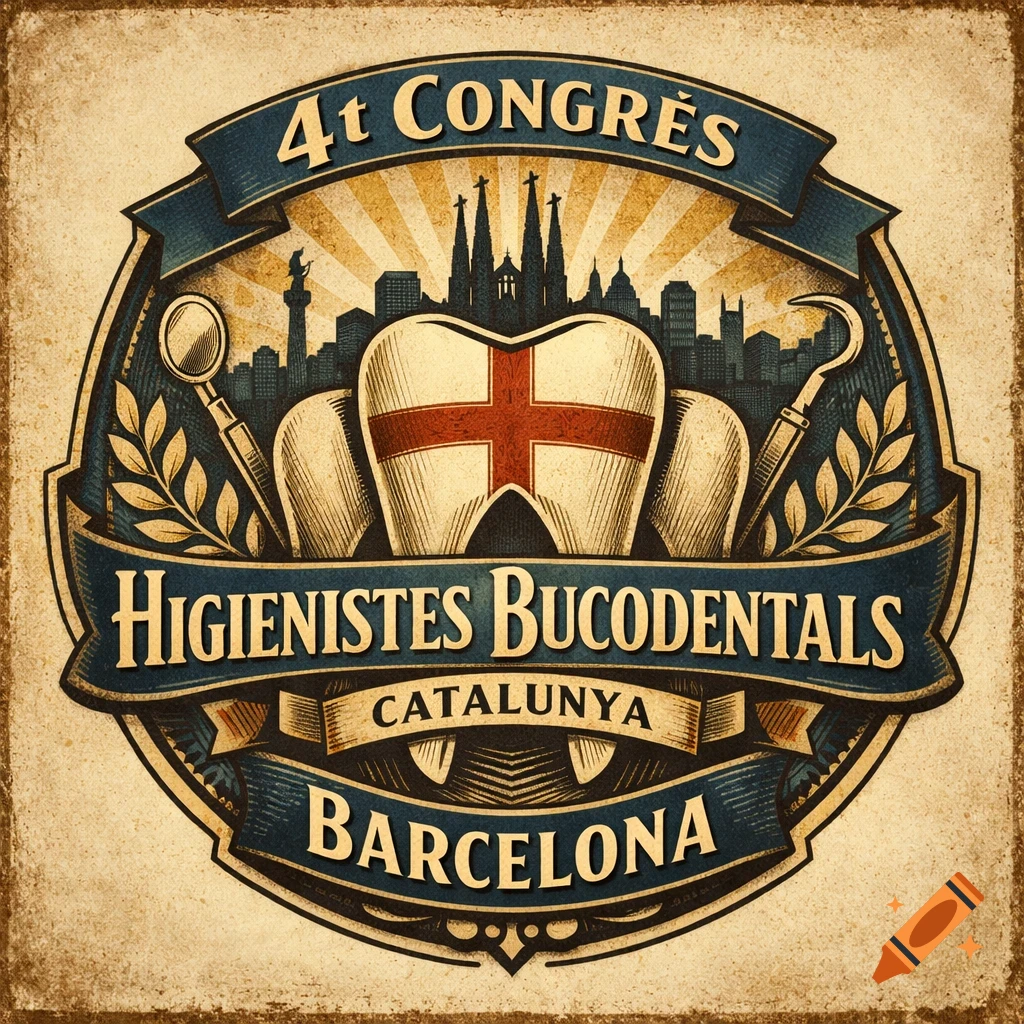 A vintage-style logo for the 4th Congress of Dental Hygienists in Catalunya, Barcelona, featuring teeth, dental tools, and city skyline.